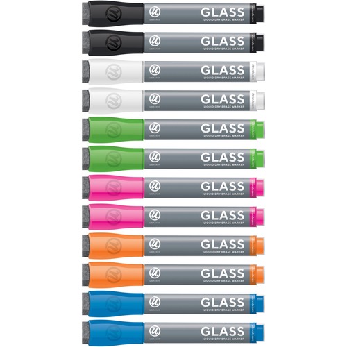 BULLET TIP LOW-ODOR LIQUID GLASS MARKERS WITH ERASERS, ASSORTED COLORS, 12/PACK