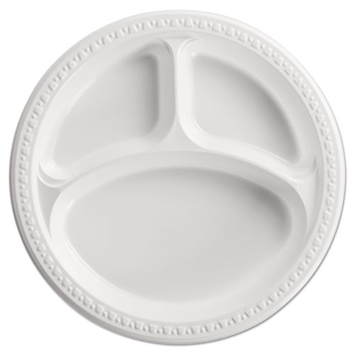 Heavyweight Plastic 3 Compartment Plates, 10 1/4" Dia, White, 125/pk, 4 Pk/ct