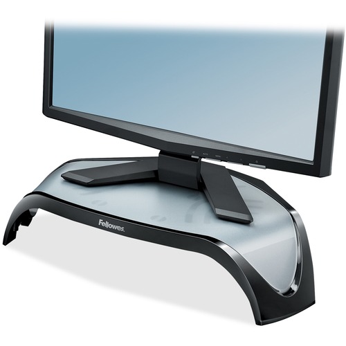 SMART SUITES CORNER MONITOR RISER, FOR 21" MONITORS, 18.5" X 12.5" X 3.88" TO 5.13", BLACK/CLEAR FROST, SUPPORTS 40 LBS