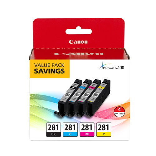 Canon 2091C005 (CLI-281) Black, Cyan, Magenta, Yellow OEM Ink Cartridge (4 pk)