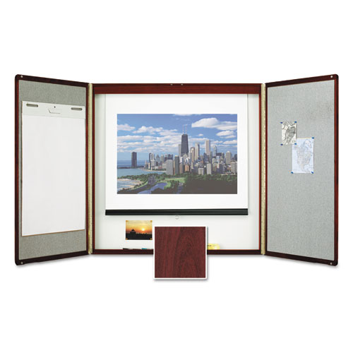 Marker Board Cabinet With Projection Screen, 48 X 48 X 24, White/mahogany Frame