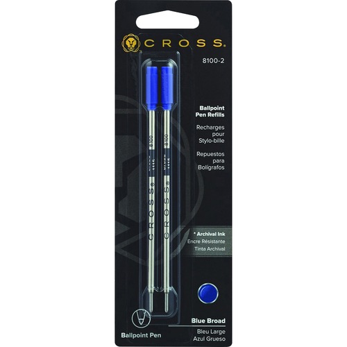 REFILL FOR CROSS BALLPOINT PENS, BROAD POINT, BLUE INK, 2/PACK