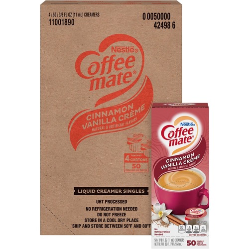 LIQUID COFFEE CREAMER, CINNAMON VANILLA, 0.38 OZ MINI CUPS, 50/BOX, 4 BOXES/CARTON, 200 TOTAL/CARTON