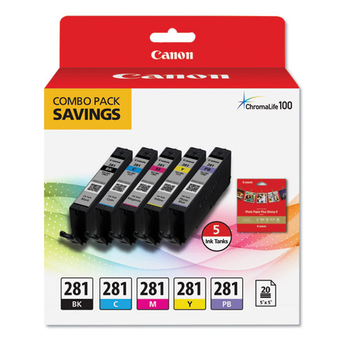 Canon 2091C006 (CLI-281) Black, Cyan, Magenta, Yellow, Photo Black OEM Glossy Sheets and Ink Set (Square Combo Pack)
