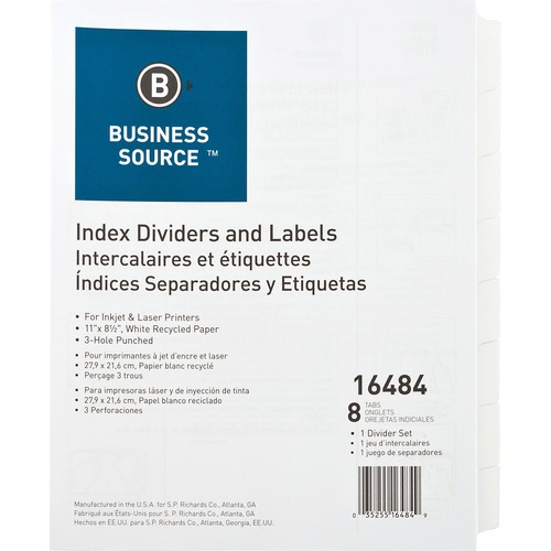 Business Source  Index Dividers, 3HP, 8-Tab, 8 Sets/BX, 8-1/2"x11", WE