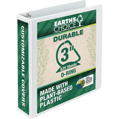 EARTH'S CHOICE BIOBASED D-RING VIEW BINDER, 3 RINGS, 3" CAPACITY, 11 X 8.5, WHITE