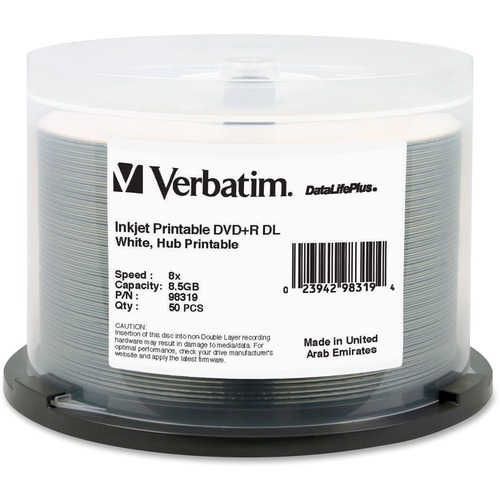 Dvd+r Dual Layer Recordable Disc, 8.5gb, 8x, Printable, Spindle, 50/pk