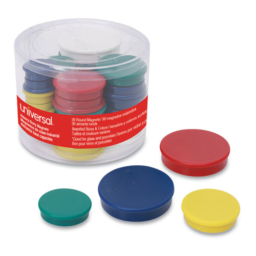HIGH-INTENSITY ASSORTED MAGNETS, 3/4", 1 1/4" AND 1 1/2" DIA, ASSORTED COLORS, 30/PACK