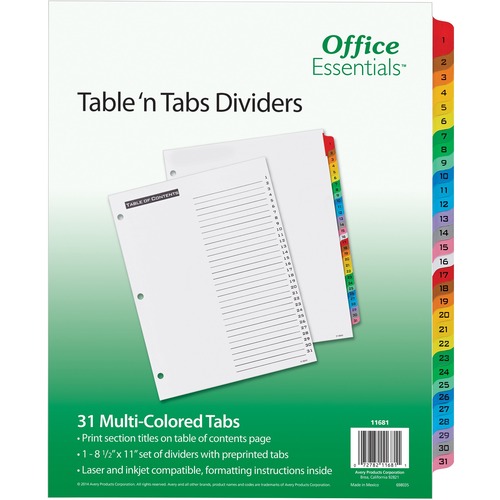 TABLE 'N TABS DIVIDERS, 31-TAB, 1 TO 31, 11 X 8.5, WHITE, 1 SET