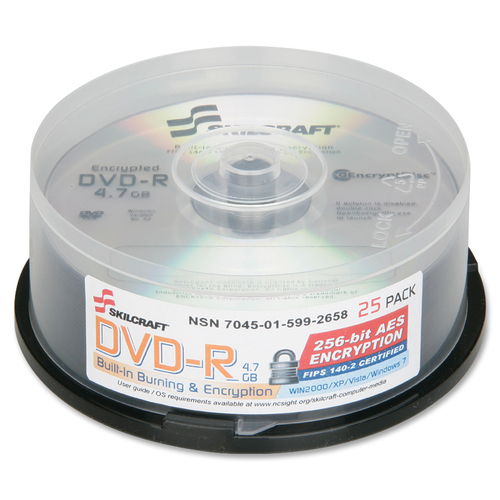 SKILCRAFT  Recordable DVD, Encrypted, 4.7GB, 120min, 25/Spindle, Silver