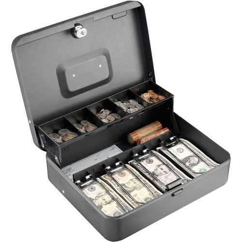 Tiered Cash Box W/bill Weights, Cam Key Lock, Charcoal