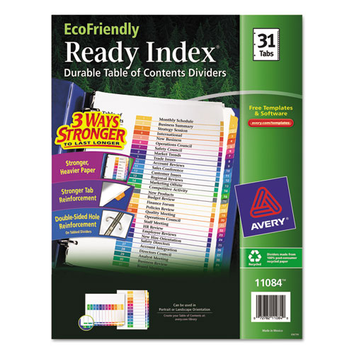 CUSTOMIZABLE TABLE OF CONTENTS READY INDEX DIVIDERS WITH MULTICOLOR TABS, 31-TAB, 1 TO 31, 11 X 8.5, WHITE, 1 SET