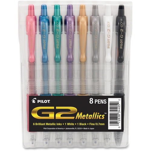 G2 METALLICS RETRACTABLE GEL PEN, FINE 0.7 MM, ASSORTED INK/BARREL, 8/PACK