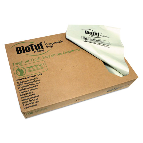 BIOTUF COMPOSTABLE CAN LINERS, 60 GAL, 0.9 MIL, 38" X 58", GREEN, 100/CARTON