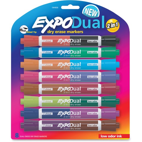 2-IN-1 DRY ERASE MARKERS, BROAD/FINE CHISEL TIP, ASSORTED COLORS, 8/PACK