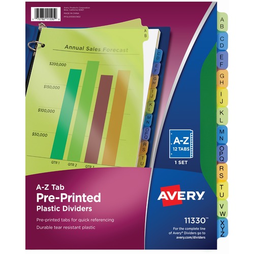 DURABLE PREPRINTED PLASTIC TAB DIVIDERS, 12-TAB, A TO Z, 11 X 8.5, ASSORTED, 1 SET