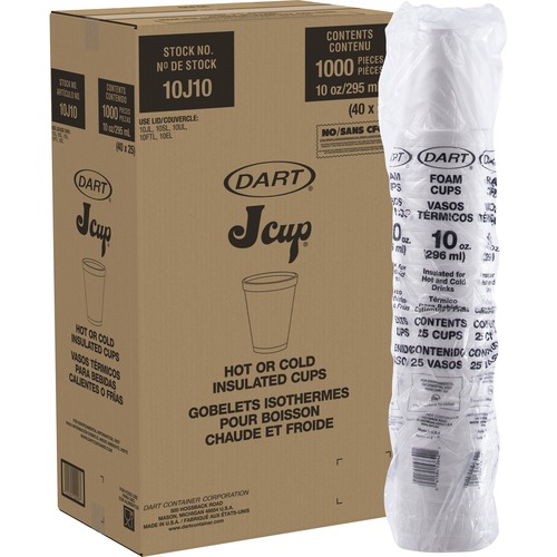 Dart Container Corp  Cups, Hot/Cold, Foam, 10 oz, 1000/CT, White