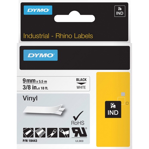 RHINO PERMANENT VINYL INDUSTRIAL LABEL TAPE, 0.37" X 18 FT, WHITE/BLACK PRINT