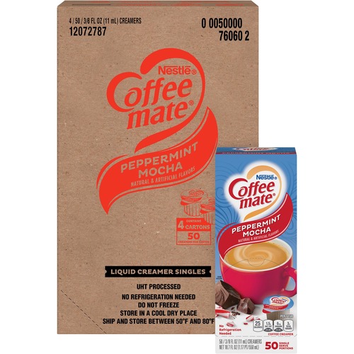LIQUID COFFEE CREAMER, PEPPERMINT MOCHA, 0.38 OZ MINI CUPS, 50/BOX, 4 BOXES/CARTON, 200 TOTAL/CARTON