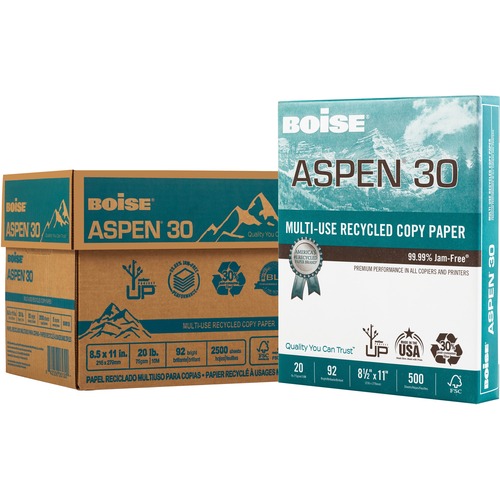 ASPEN 100 MULTI-USE RECYCLED PAPER, 92 BRIGHT, 20LB, 8.5 X 11, WHITE, 500 SHEETS/REAM, 5 REAMS/CARTON