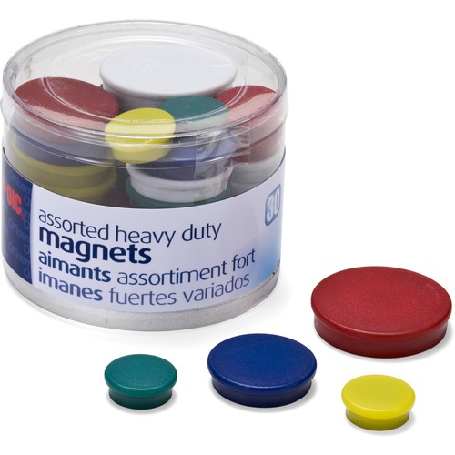 ASSORTED HEAVY-DUTY MAGNETS, CIRCLES, ASSORTED SIZES AND COLORS, 30/TUB