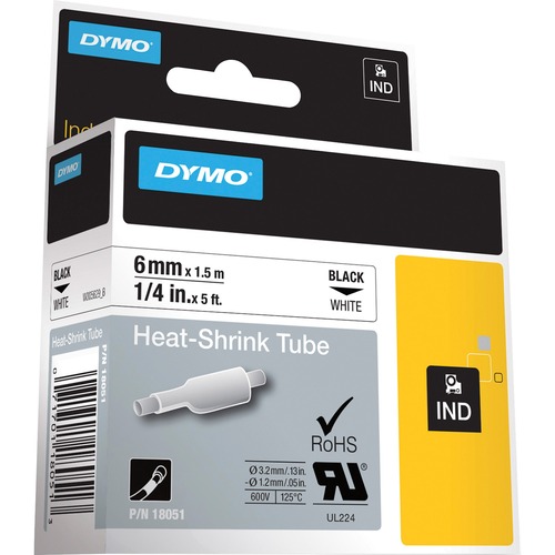 RHINO HEAT SHRINK TUBES INDUSTRIAL LABEL TAPE, 0.25" X 5 FT, WHITE/BLACK PRINT