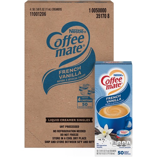 LIQUID COFFEE CREAMER, FRENCH VANILLA, 0.38 OZ MINI CUPS, 50/BOX, 4 BOXES/CARTON, 200 TOTAL/CARTON