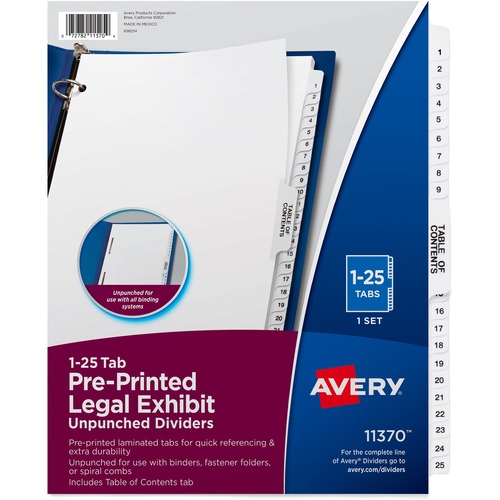 PREPRINTED LEGAL EXHIBIT SIDE TAB INDEX DIVIDERS, AVERY STYLE, 25-TAB, 1 TO 25, 11 X 8.5, WHITE, 1 SET