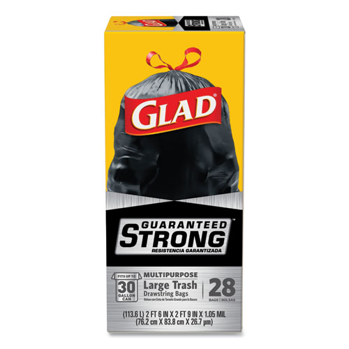 DRAWSTRING LARGE TRASH BAGS, 30 GAL, 1.05 MIL, 30" X 33", BLACK, 15/BOX