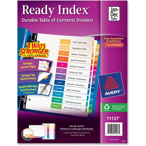 CUSTOMIZABLE TOC READY INDEX MULTICOLOR DIVIDERS, 12-TAB, LETTER