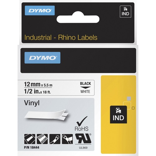 RHINO PERMANENT VINYL INDUSTRIAL LABEL TAPE, 0.5" X 18 FT, WHITE/BLACK PRINT