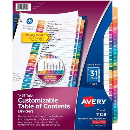 CUSTOMIZABLE TOC READY INDEX MULTICOLOR DIVIDERS, 31-TAB, LETTER