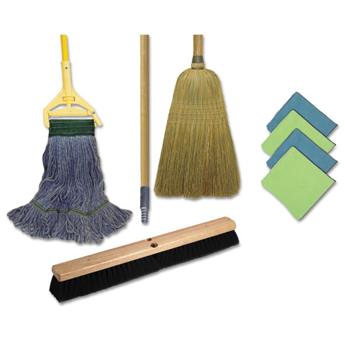 CLEANING KIT, 1 MOP, 2 HANDLES, 1 PUSH BROOM, 1 MAIDS BROOM, 4 MICROFIBER WIPES