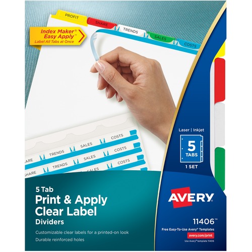PRINT AND APPLY INDEX MAKER CLEAR LABEL DIVIDERS, 5 COLOR TABS, LETTER