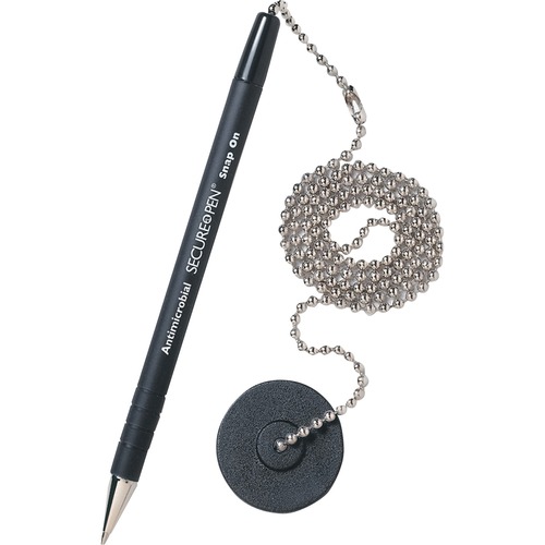 SECURE-A-PEN ANTIMICROBIAL BALLPOINT COUNTER PEN KIT WITH ROUND BASE AND 24" BALL CHAIN, 1MM, BLACK INK/BARREL