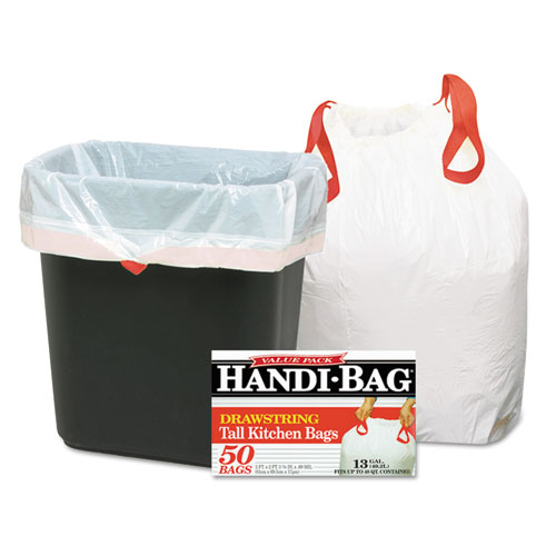 DRAWSTRING KITCHEN BAGS, 13 GAL, 0.6 MIL, 24" X 27.4", WHITE, 50/BOX, 6 BOXES/CARTON