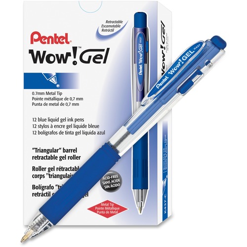 WOW! RETRACTABLE GEL PEN, MEDIUM 0.7 MM, BLUE INK, CLEAR/BLUE BARREL, DOZEN