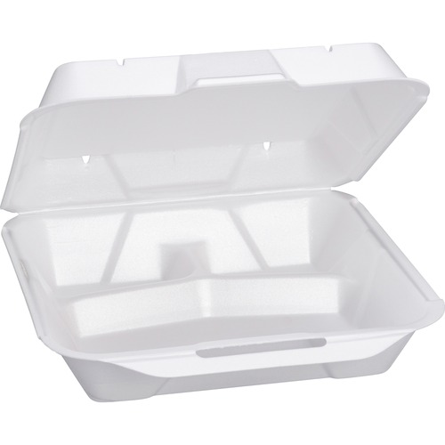 Foam Hinged Container, 3-Compartment, Jumbo, 10-1/4x9-1/4x3-1/4, White, 200/Carton