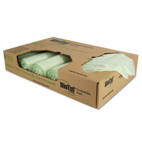 BIOTUF COMPOSTABLE CAN LINERS, 48 GAL, 1 MIL, 42" X 48", GREEN, 100/CARTON