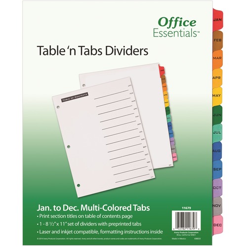 TABLE 'N TABS DIVIDERS, 12-TAB, JAN. TO DEC., 11 X 8.5, WHITE, 1 SET