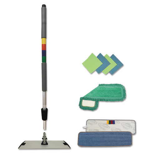 Microfiber Mopping Kit, 18" Mop Head, 35-60"handle, Blue/green/gray