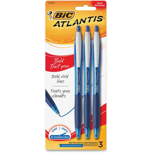 ATLANTIS BOLD RETRACTABLE BALLPOINT PEN, BOLD 1.6MM, BLUE INK/BARREL, 3/PACK